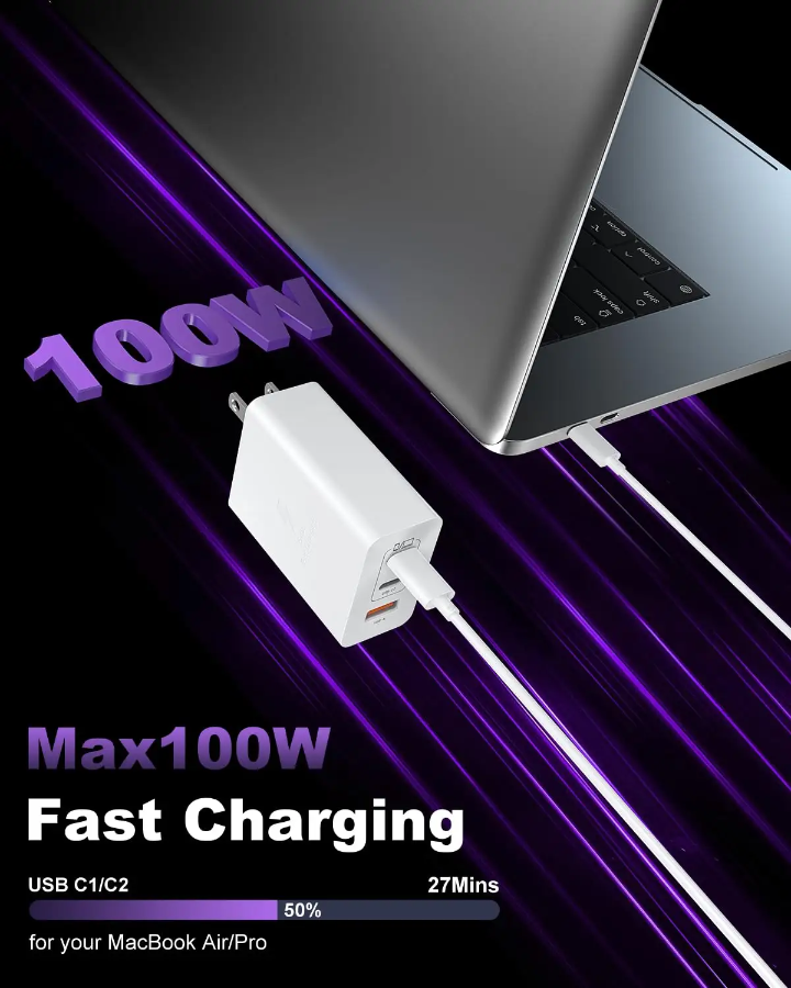 100W GaN USB-C Charger 3-Port Block β Fast Charger with Dual PD USB-C & QC USB-A Ports