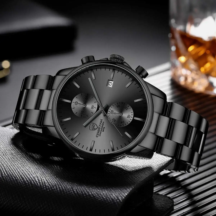 GOLDEN HOUR Stainless Steel Chronograph Watch Men – Waterproof Quartz Auto Date Business Style