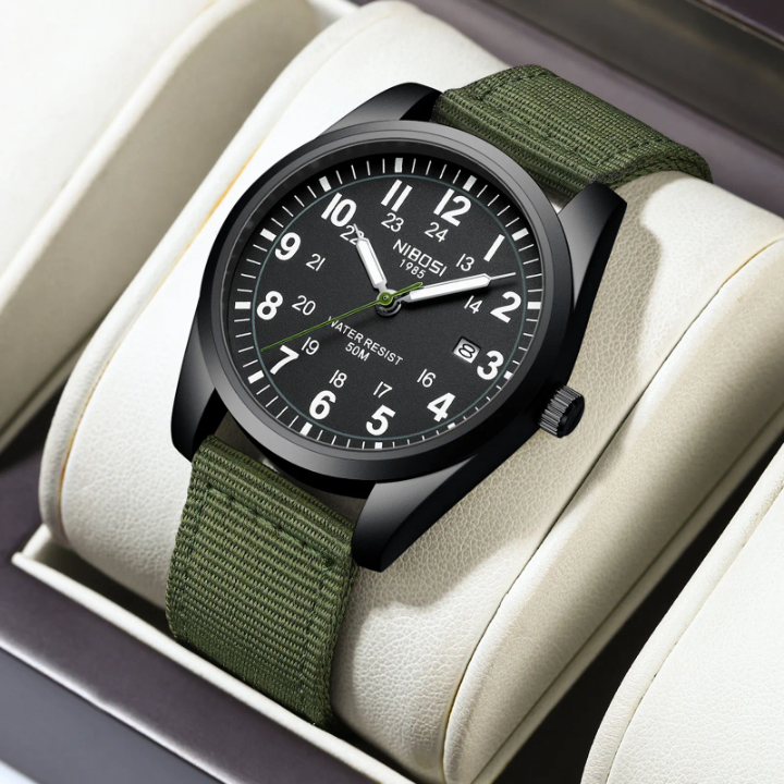 LN LENQIN Military Analog Watch Men – 42mm Waterproof Nylon Strap Tactical Date Display