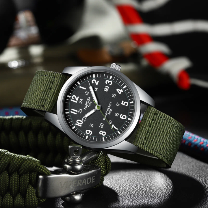 LN LENQIN Military Analog Watch Men – 42mm Waterproof Nylon Strap Tactical Date Display