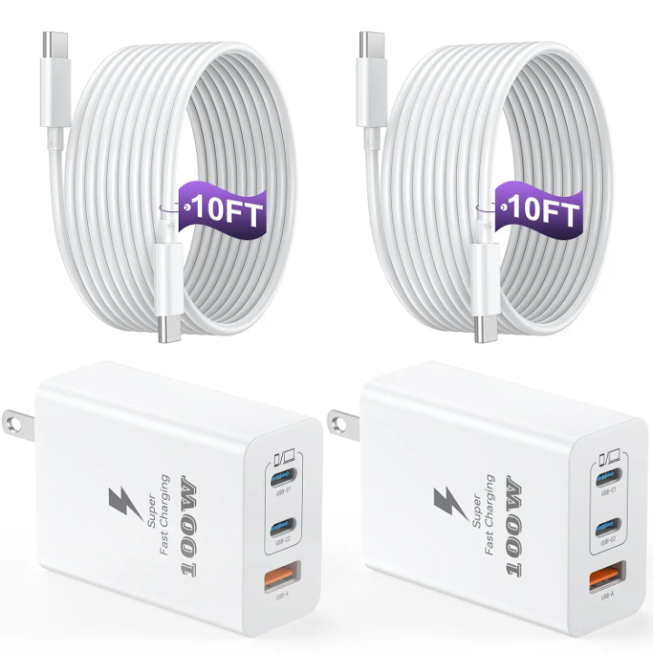 100W GaN USB-C Charger 3-Port Block β Fast Charger with Dual PD USB-C & QC USB-A Ports