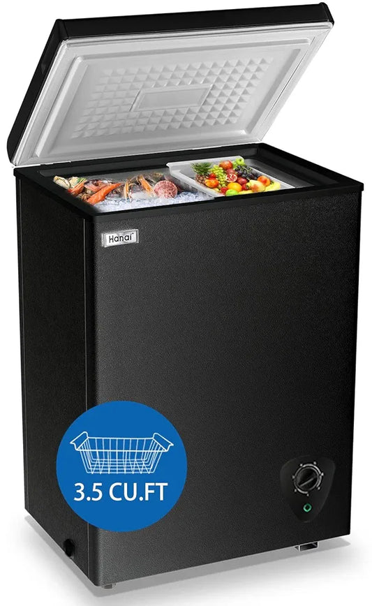 3.5 Cu.Ft Small Chest Freezer – Mini Deep Freezer with 7 Temperature Settings & Removable Basket (Black)