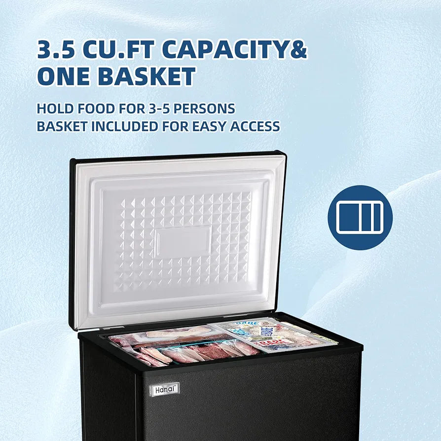3.5 Cu.Ft Small Chest Freezer – Mini Deep Freezer with 7 Temperature Settings & Removable Basket (Black)