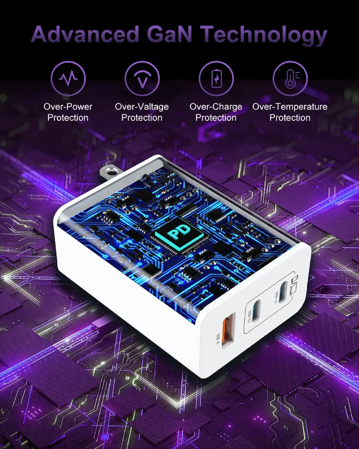 100W GaN USB-C Charger 3-Port Block – Fast Charger with Dual PD USB-C & QC USB-A Ports