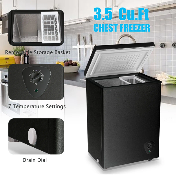 WANAI Compact Chest Freezer 3.5 Cu.Ft – Adjustable Thermostat Small Deep Freezer for Apartment/Kitchen