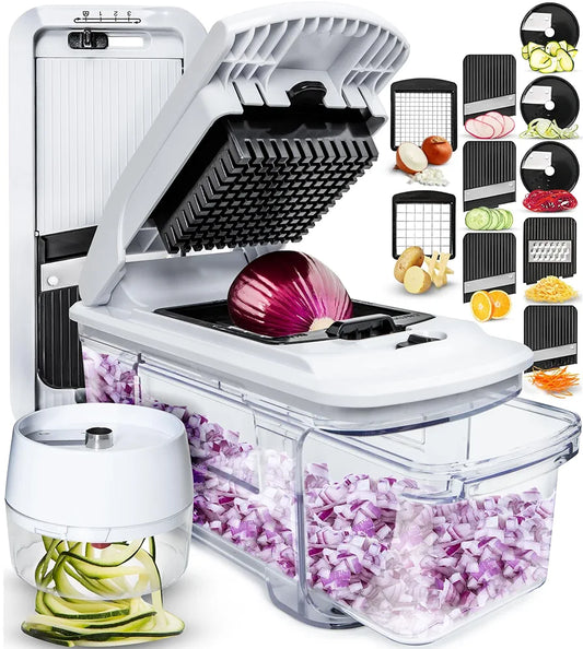 Yusshn 12-in-1 Vegetable Chopper – Multifunctional Onion & Food Cutter with 7 Blades and Container (Grey)
