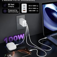 100W 3-Port GaN Fast Charger Block - Dual USB-C + USB-A (2 Pack)