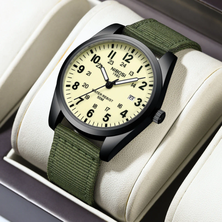 LN LENQIN Military Analog Watch Men – 42mm Waterproof Nylon Strap Tactical Date Display