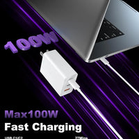 100W 3-Port GaN Fast Charger Block - Dual USB-C + USB-A (2 Pack)