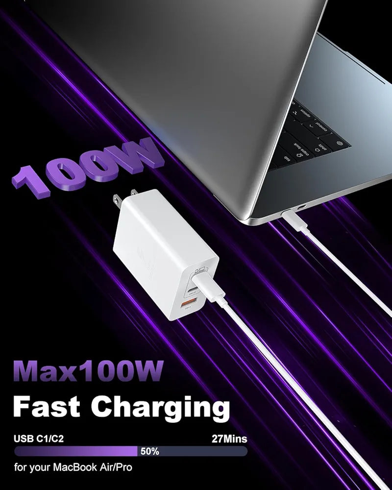 100W 3-Port GaN Fast Charger Block - Dual USB-C + USB-A (2 Pack)