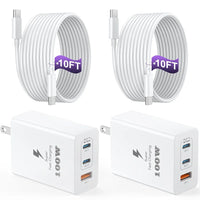 100W 3-Port GaN Fast Charger Block - Dual USB-C + USB-A (2 Pack)
