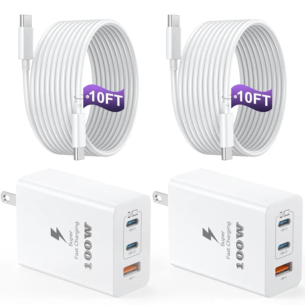 100W 3-Port GaN Fast Charger Block - Dual USB-C + USB-A (2 Pack)
