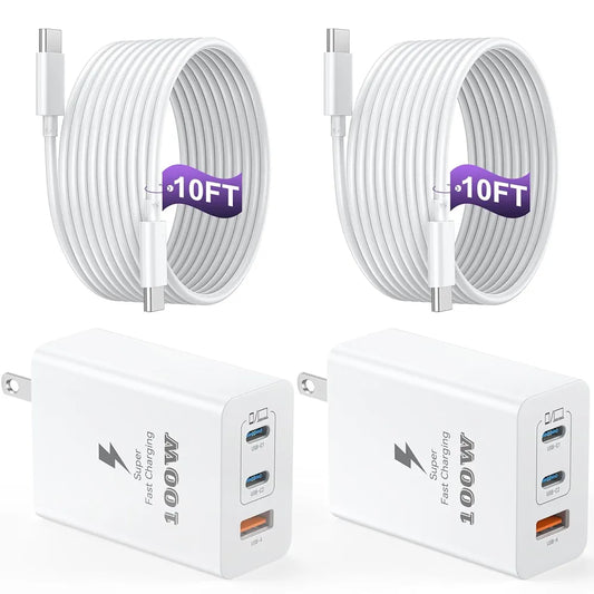 100W 3-Port GaN Fast Charger Block - Dual USB-C + USB-A (2 Pack)