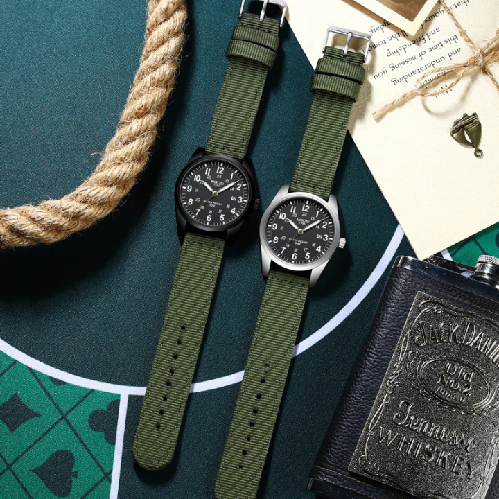 LN LENQIN Military Analog Watch Men – 42mm Waterproof Nylon Strap Tactical Date Display