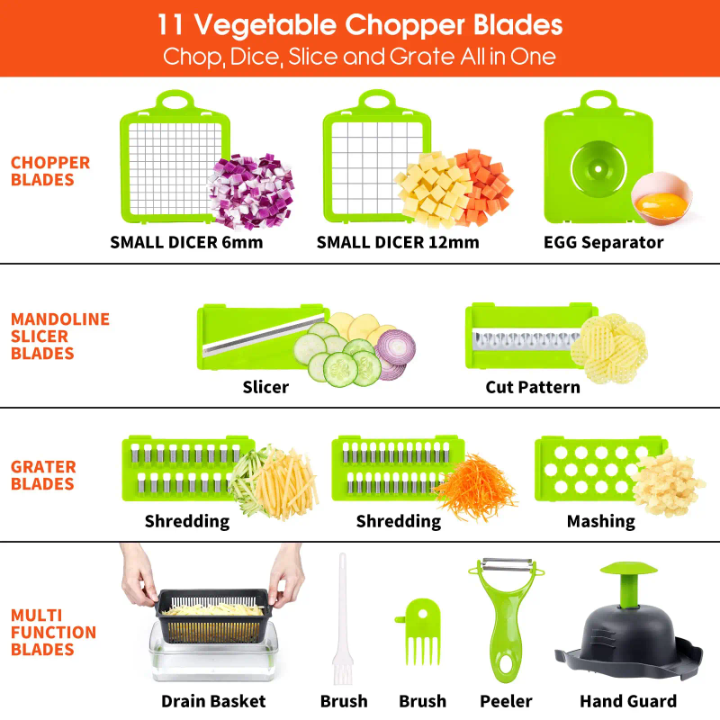 Yusshn 12-in-1 Multifunction Vegetable Chopper – Stainless Steel Blades, Container Cutter & Dicer Tool