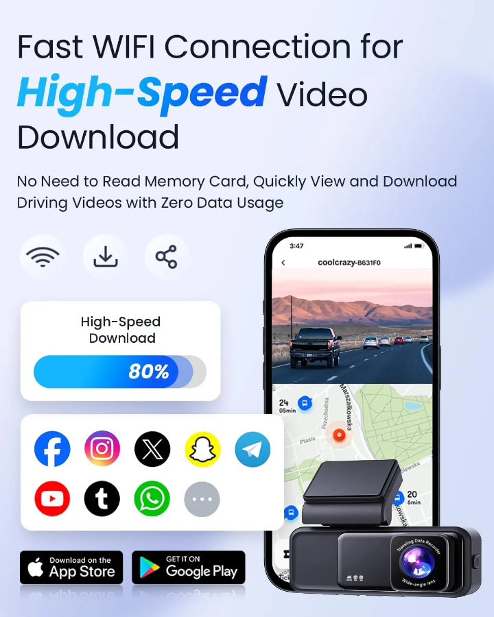 Veement V300 Dash Cam 1296P WiFi – 24-Hour Parking Mode, Night Vision, Loop Recording