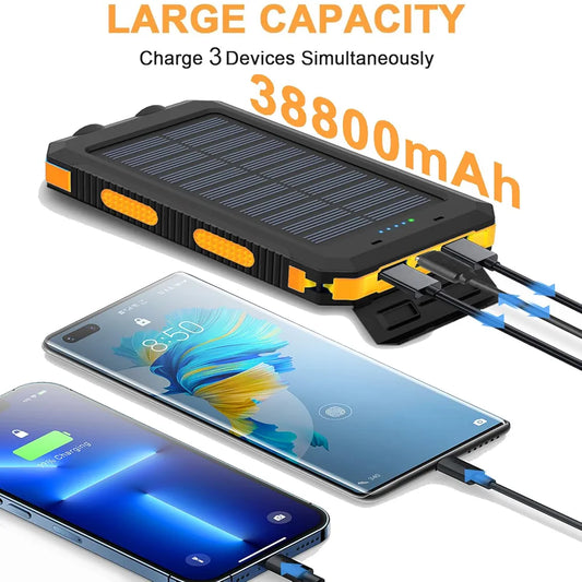 38800mAh Solar Power Bank – Waterproof Outdoor Charger with LED Flashlight & Multiple USB Outputs